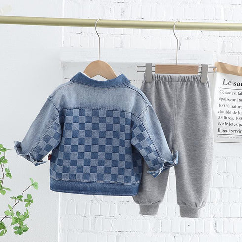 Lapel Denim Long Sleeve Three Piece Baby Boys' Casual Pants Set